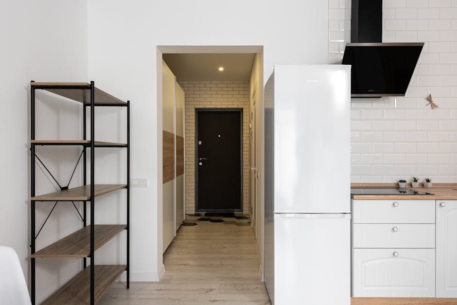 Modern kitchen with fridge against empty shelves in house with narrow passage and door in daytime